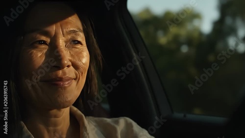 Mature asian woman driving a car during golden hour. Female driver looking ahead while steering vehicle. Commuter traveling during sunset commute in city traffic