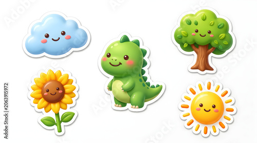 Cute cartoon stickers, smiling animals, plants and weather icons, colorful stickers set