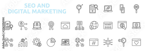 SEO and Digital Marketing icon set outline style with marketing, website, analytics, optimization, digital, search, ranking, advertising, business icons