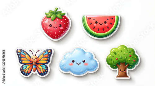 Colorful cartoon stickers, fruit icons, nature symbols, cute illustrations, sticker set