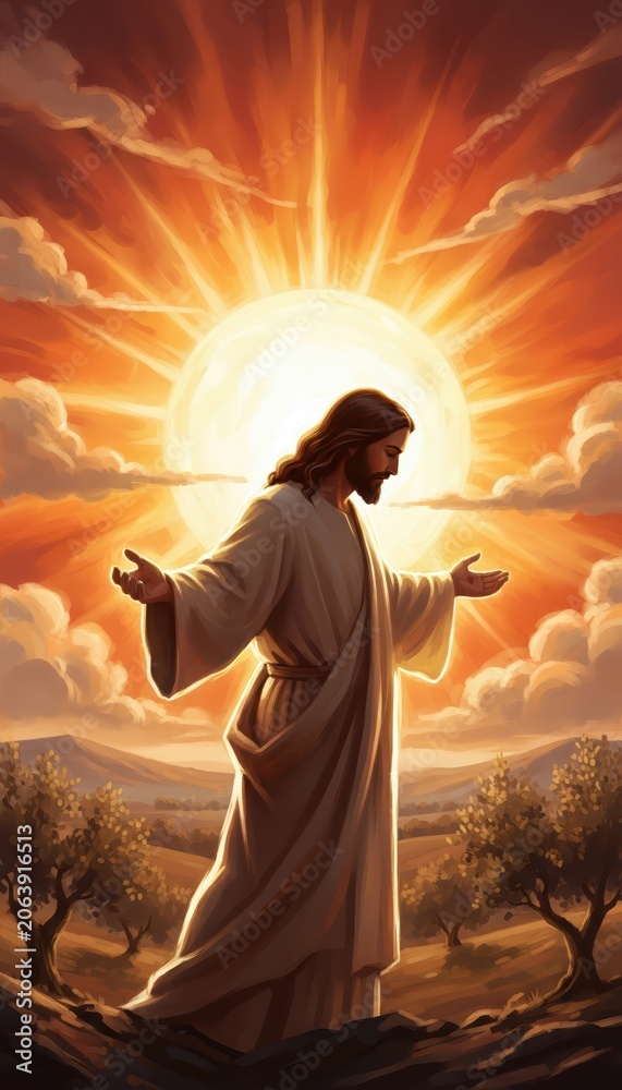 Fototapeta premium Jesus Christ with open arms standing in a radiant sunrise, spiritual landscape with olive trees, divine light and warm sunset glow, religious digital art illustration for church media and posters