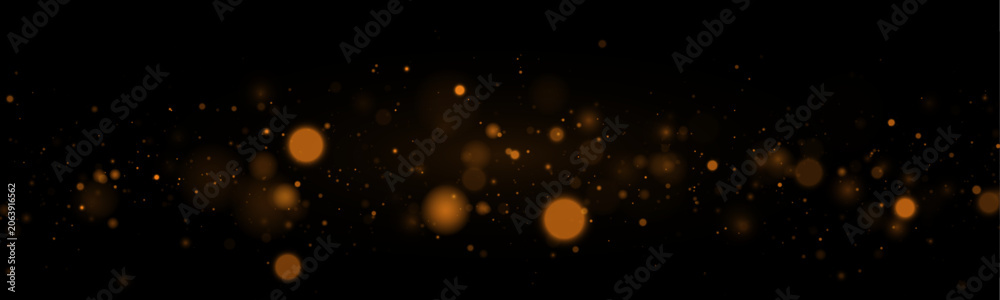 Fototapeta premium Golden glow star, sparkle with glitter dust in soft bokeh light. Festive magical particle, stardust, twinkle highlights. Glare, sparks, flare and lens flare on black background, vector illustration.