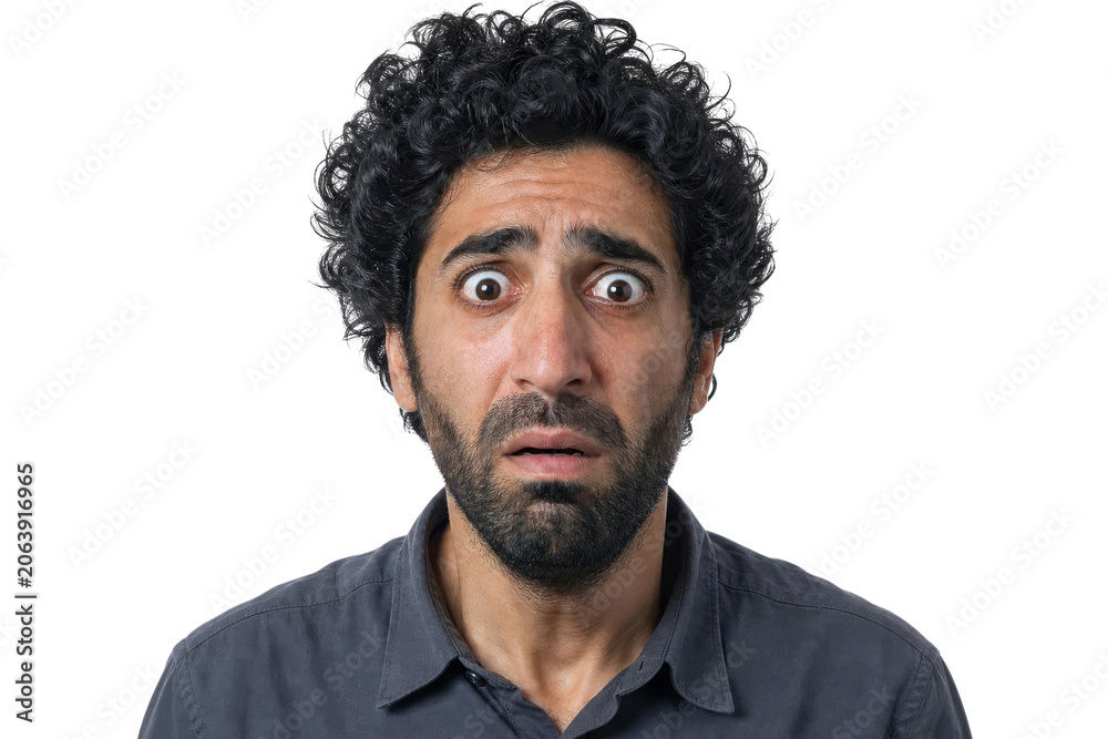 Fototapeta premium Portrait of Shocked Man with Wide Eyes and Curly Hair Isolated on White