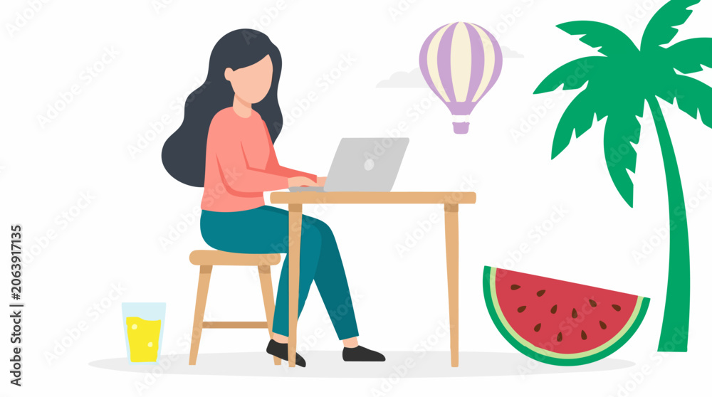 Fototapeta premium Digital nomad woman working on laptop in summer vacation setting
