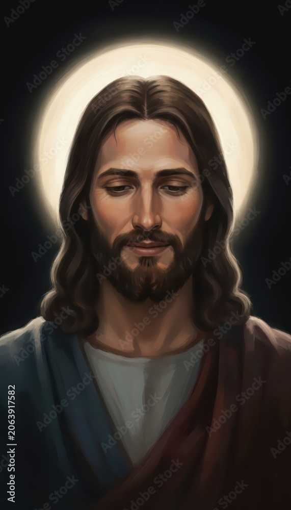 Fototapeta premium Portrait of Jesus Christ with glowing halo, serene divine expression in fine art style. Realistic digital oil painting for Christian Easter celebration, church posters, religious banners and media
