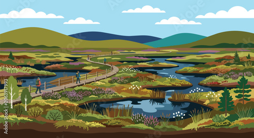 Serene Wetland Landscape with Wooden Boardwalk Trail and Hikers Walking Near Scenic Green Mountains