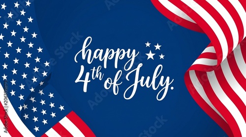 Happy 4th of July greeting text on blue background with waving American flag borders vector illustration