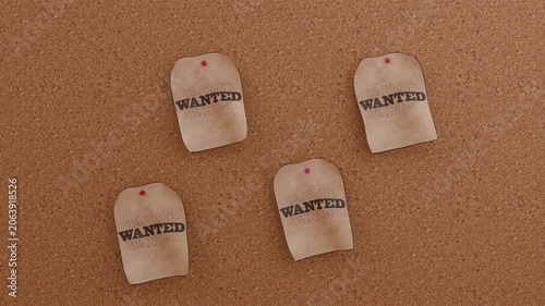 Wanted Posters Pinned on Cork Bulletin Board Top View Background. 4K