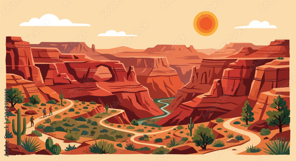 Naklejka premium Majestic Red Rock Canyon Landscape with Winding Desert Path River Saguaro Cactus and Burning Hot Sun
