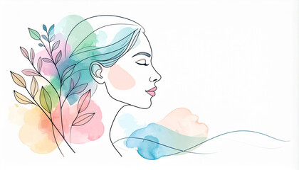 Fotobehang Een lijn Minimalist continuous one line drawing of elegant female face profile with watercolor botanical leaves, abstract beauty background  © InspAIrt
