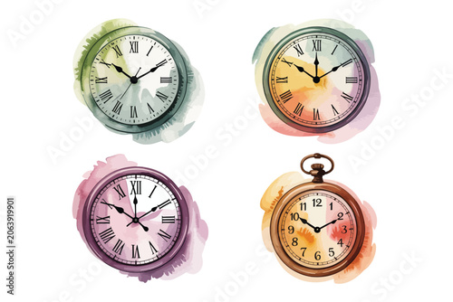 set of Watercolor Alarm Clock Illustration, Productivity and Scheduling Clipart, Isolated on White