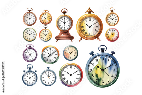 Fotografi set of Watercolor Clock Clipart, Time Management and Productivity illustration i