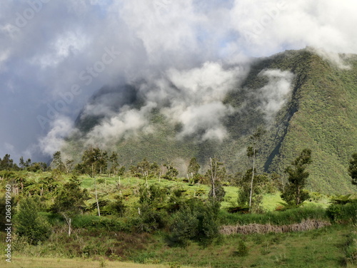 Green and cloudy mountains in tropical island of La Reunion, during rainy season. Lush landscape with rainforest