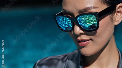 Asian woman wearing sunglasses while standing near a swimming pool. Reflection of blue water ripples in lens. Summer leisure and style concept for retail industry