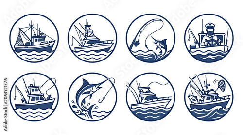 Photos Fishing Trawler Icons: Boats, Marlin, Fisherman, Nets - Set