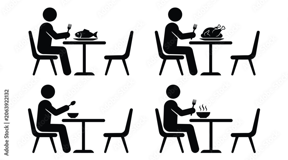 Fototapeta premium A black and white vector illustration showing stick figures eating various healthy and cooked meals