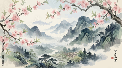 Traditional chinese landscape painting with pink cherry blossom branches