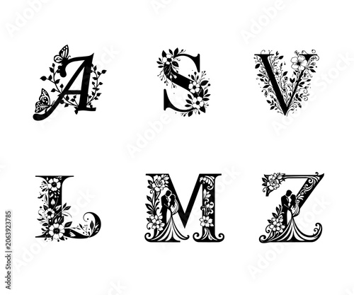 Hand Drawn Alphabet Letters Decorative Monogram Initials Set Vintage Style