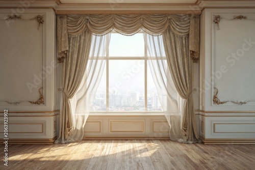 Elegant room with ornate gold trim and large window with city view.