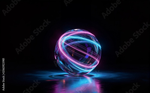 Neon-lit globe pulses with vibrant pink and blue light trails against a dark background.