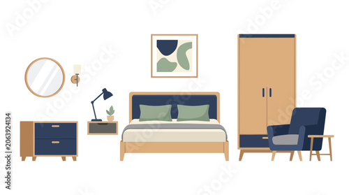 Modern Bedroom Furniture Set: Bed, Wardrobe, Dresser, Chair, and Nightstand