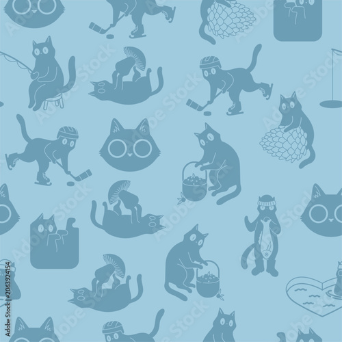 Seamless Pattern with Finnish Cats, Nordic Style, Minimalistic Northern Mood