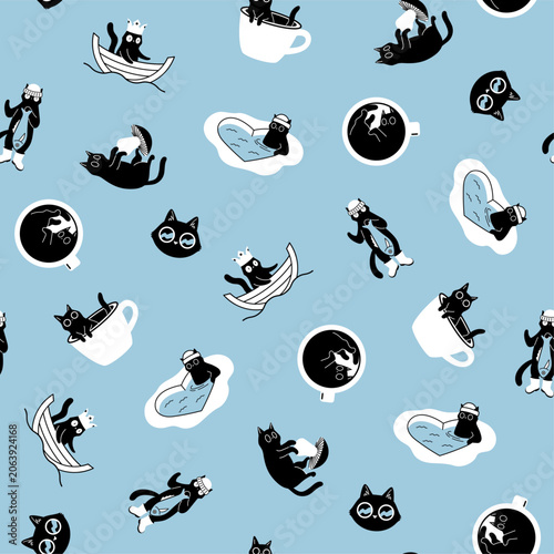 Seamless Pattern with Finnish Cats, Nordic Style, Minimalistic Northern Mood