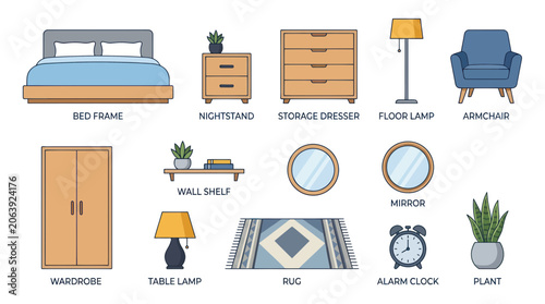 Bedroom Furniture Collection: Bed, Wardrobe, Dresser, Armchair, Lamps, Rug