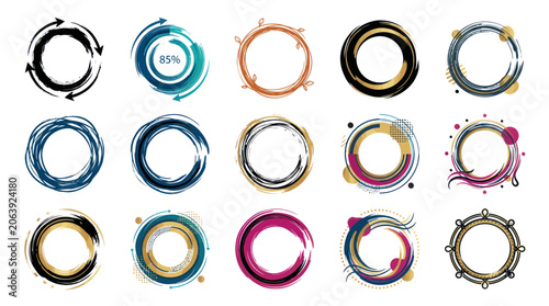 Abstract Circular Frames and Borders: Grunge, Brush Strokes, and Artistic Designs