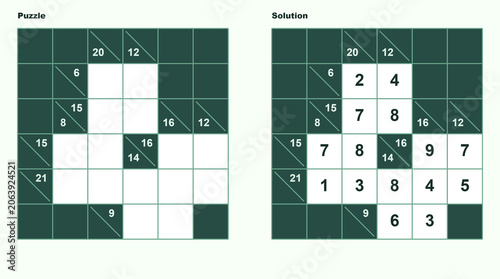 Kakuro puzzle with solution displayed on a minimal green background  