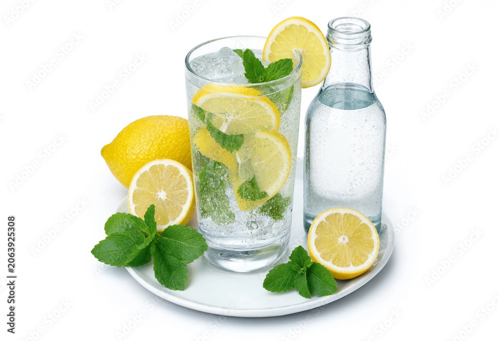 Fototapeta premium Glass of sparkling water with lemon slices, fresh mint and ice on a plate beside a bottle and whole lemons; bright, refreshing beverage for summer or wellness themes.