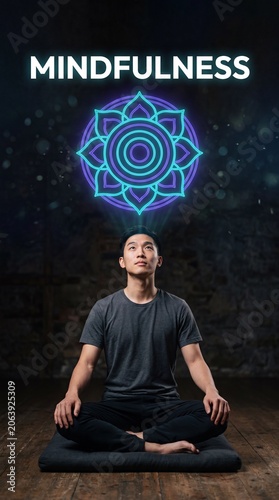 Young Asian man meditating in lotus pose with glowing neon mandala above his head