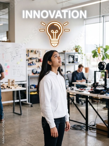Young South Asian woman looking up at glowing light bulb icon symbolizing innovation in a creative studio
