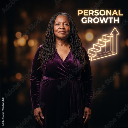 Confident mature African American woman with locs standing beside a glowing staircase growth symbol