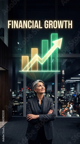 Confident middle-aged Middle Eastern businesswoman looking up at glowing financial growth chart in modern office