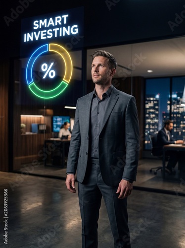 Confident caucasian businessman in his 30s stands before a glowing smart investing sign with pie chart in a modern night office