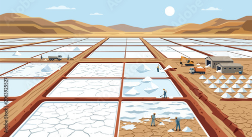 Industrial Salt Harvesting Operation in Large Evaporation Ponds with Desert Mountains Background