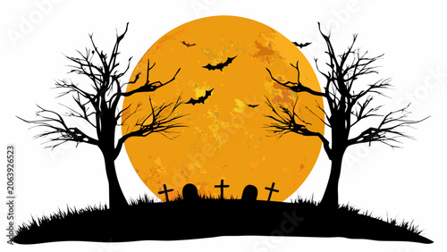 Bild auf Leinwand Graveyard landscape silhouette against a large orange moon featuring bare trees