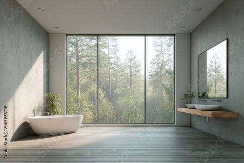 Modern bathroom with large window overlooking forest.