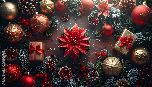 Festive holiday decorations with ornaments and flowers