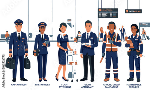 Bild auf Leinwand Print Airport Terminal Airline Crew and Maintenance Characters - Flat Vector Ill
