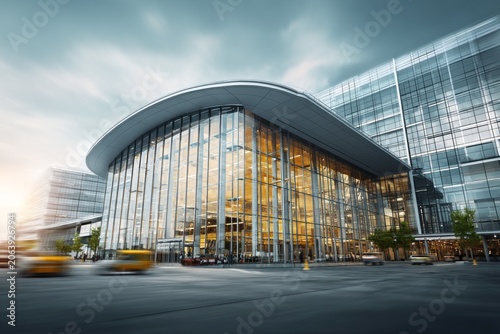 Modern glass building with blurred vehicles in front.