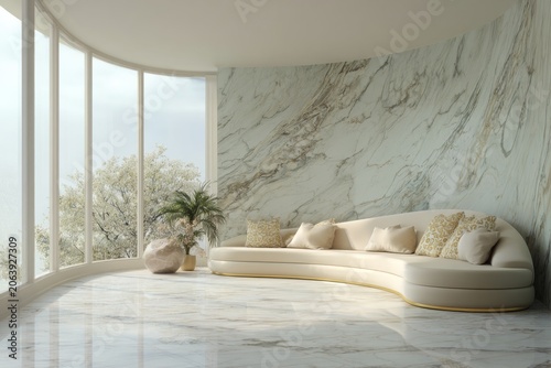 Elegant curved sofa in a modern room with marble walls and large windows.
