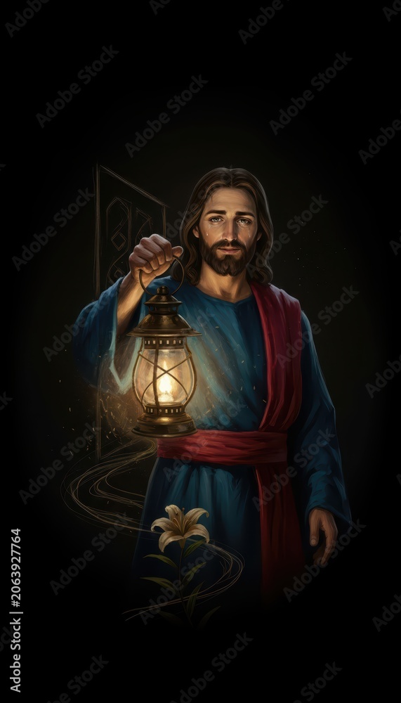 Fototapeta premium Jesus Christ holding a glowing lantern with lily flower, spiritual digital art painting with warm lighting, religious concept for Christian Easter, church banner, social media and poster design
