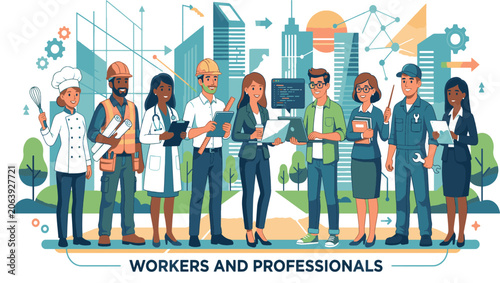 Print Workers and Professionals Diverse Career Team Illustration - Flat Cartoon Vector Character Set with Chef Construction Worker Doctor Engineer Business Executive and IT Programmer