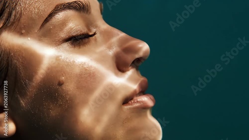 Woman face with light refraction effect on skin. Profile view of young female with water glow reflection. Skincare and beauty concept for dermatology treatment