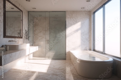 Elegant bathroom with a bathtub and sink bathed in natural sunlight.
