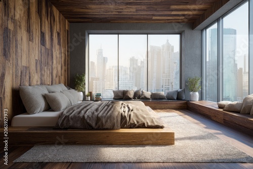 Modern bedroom with wooden accents overlooks a city skyline.