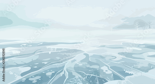 Beautiful arctic landscape with frozen lake ice sheets snowy mountains and cold winter wilderness