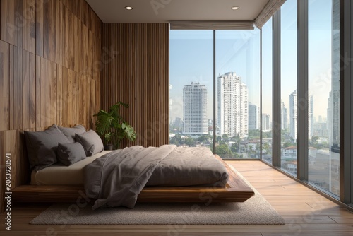 Modern bedroom with wooden walls and city view through large windows.